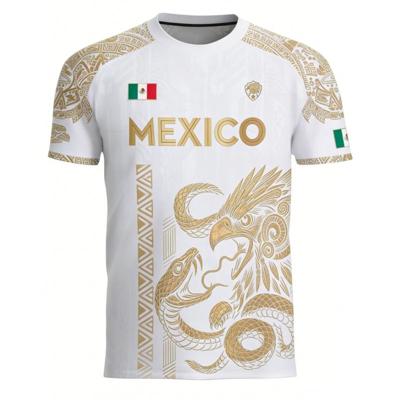Mexican Flag Printed Men's T-shirt Fun 3D Eagle Pattern Short Sleeve Outdoor Football Sports Casual Top