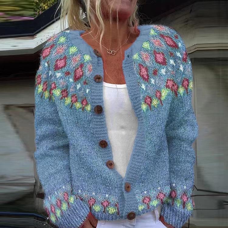 Women's Pink V-Neck Knit Cardigan with Jacquard Floral Pattern