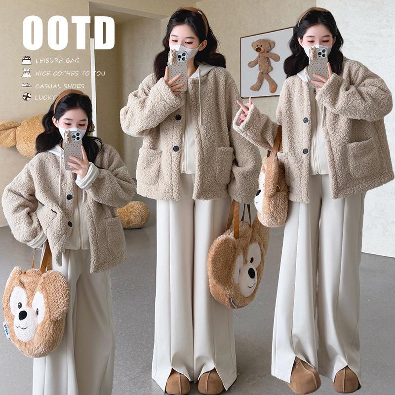 Winter 2025 Cute Maternity Lambswool Jacket & Wide-Leg Pants Set XL