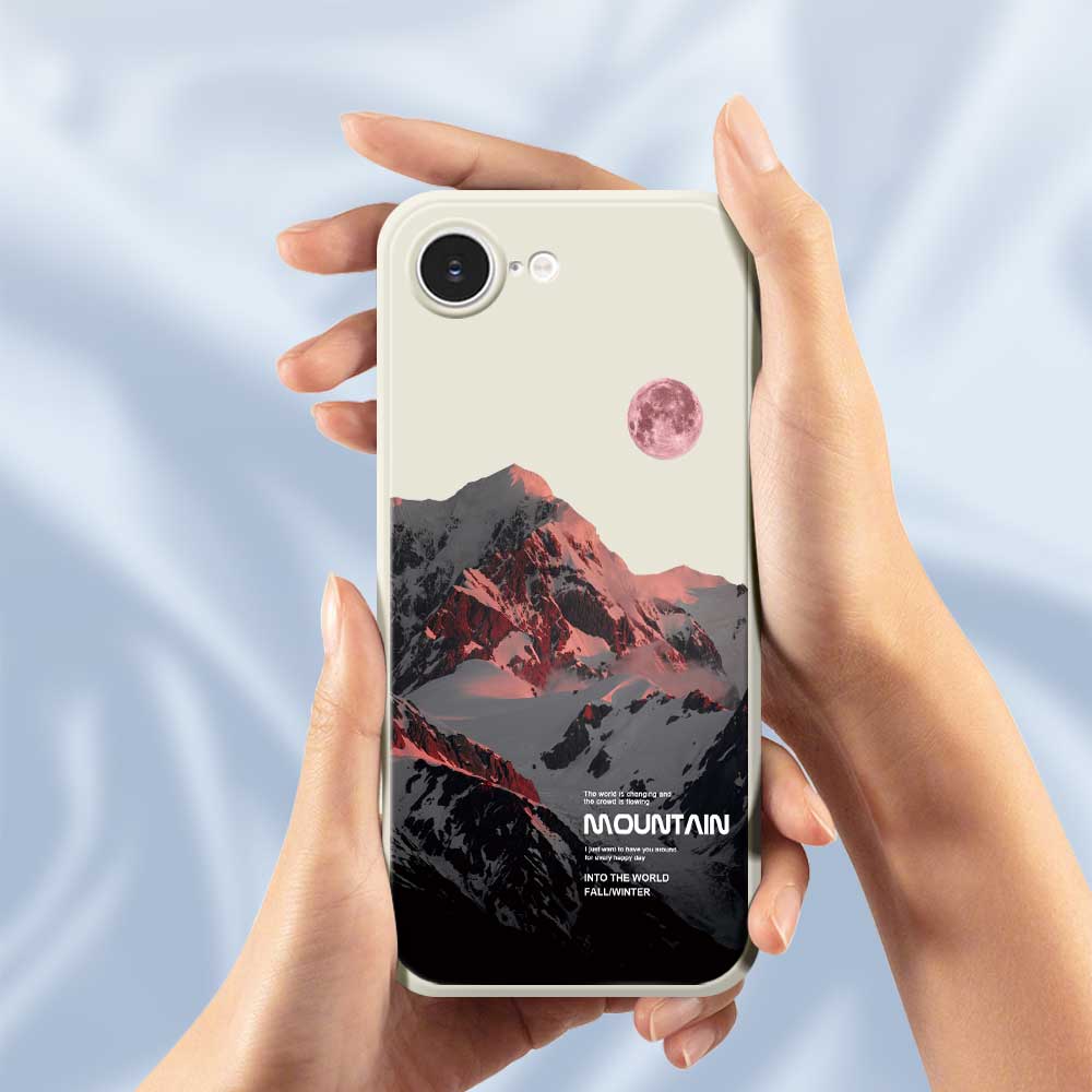 For iPhone 16e Case Pink Snow Mountain Pattern Printing Straight Edge TPU Phone Back Cover