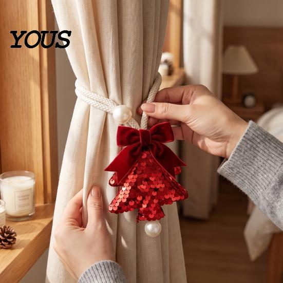 Woven Rope Curtain Buckles Sequined Tree Tieback, Sparkling Christmas Holder with Reusable Fabric Ties Bow, Decorative Drapery Holdback for