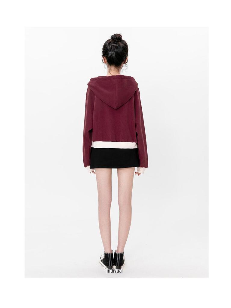 Women's Burgundy Raglan Zip-Up Hooded Sweatshirt Jacket - Spring/Autumn 2025 Design