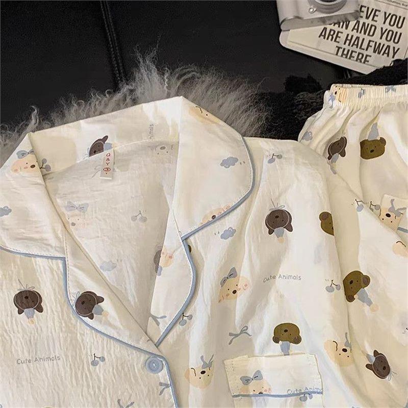 Set de pijamale de vară pentru femei cu pisicuță: Bumbac Nor Scutec cu Mânecă Scurtă, Pantaloni Scurți și Pantaloni Lungi