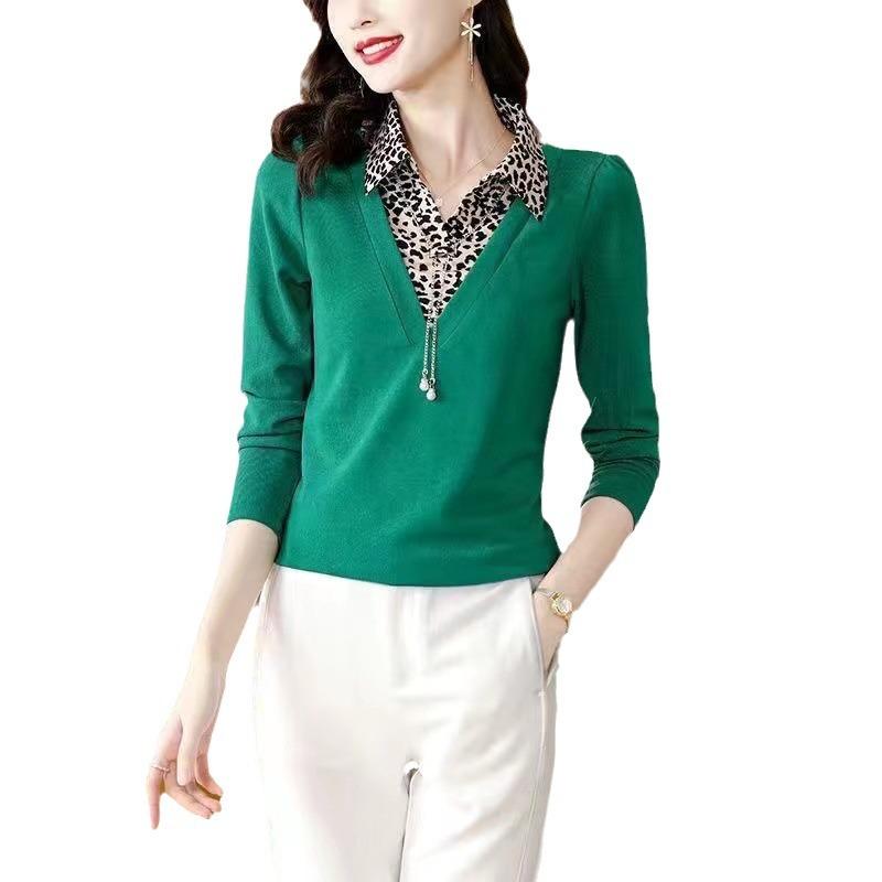 New Fashionable T-shirt for Women's Fake Two-piece Tops Long-sleeved Mother Spring and Autumn Clothes T-shirt Small Shirt Large Size Base Shirt