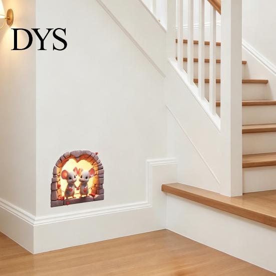 Peel Stick Animal Decals Mouse Hole Wall Decal, 3D Illusion Couple Mice Stickers, Removable Waterproof Adhesive and Art for Bedroom Staircase