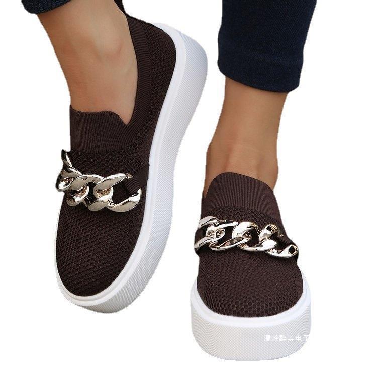 Chunky Sole Fly-Knit Slip-On Loafers with Chain Decoration - Women's Breathable Low-Top Shoes
