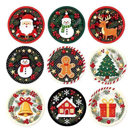 Christmas Wooden Coasters 9Pcs Set, Heat Resistant Cup Mats, Waterproof Non Slip Drink Round Table Protection Mats for Home Office Desk Accessories