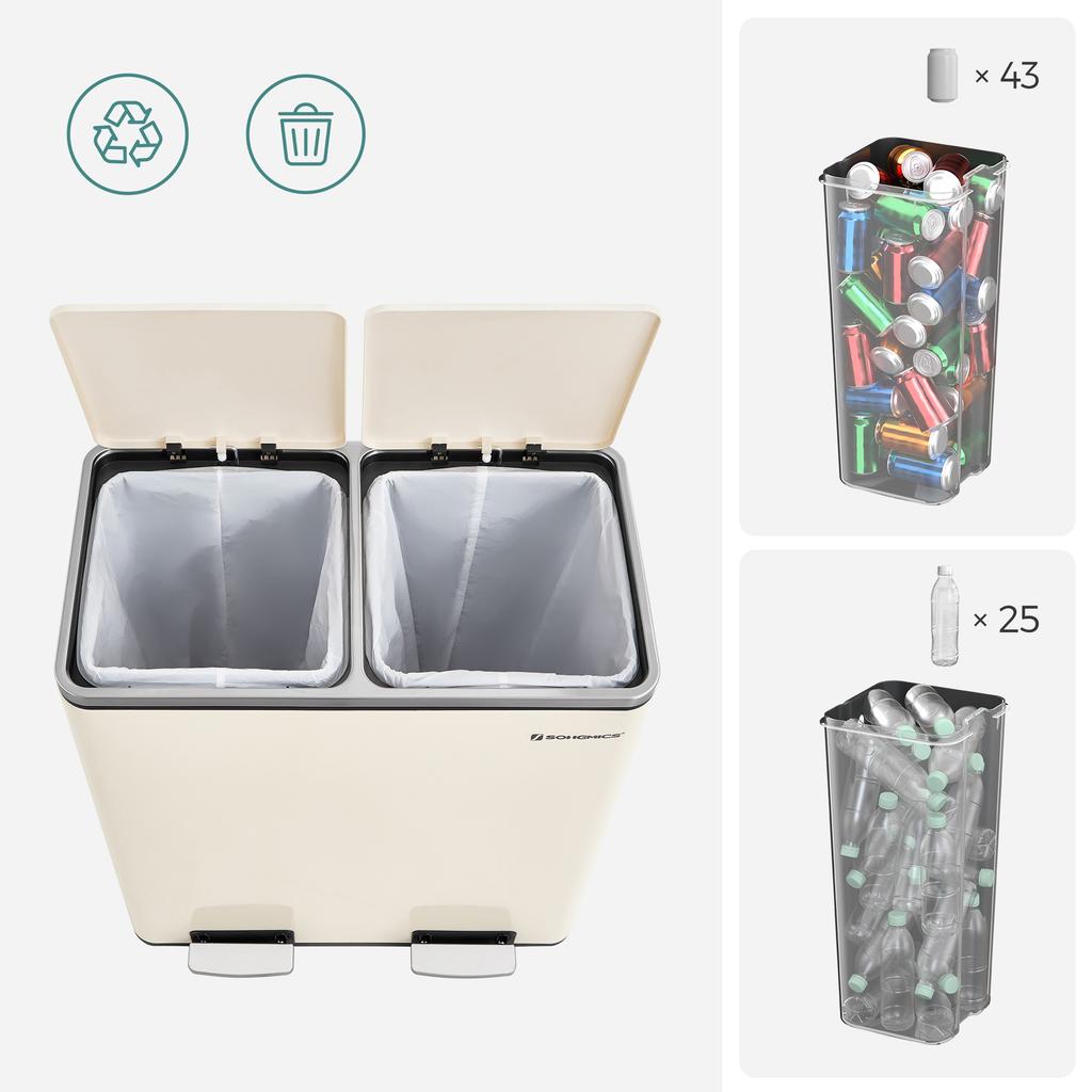 SONGMICS Double Compartment 2 x 30 L Rubbish Bin with 2 Bin Bags, Metal Foot Pedals, 15 Internal Plastic Buckets, Lids, Handles, Soft Close, Airtight