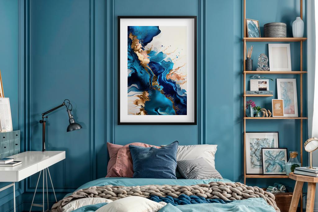 Nowoczesny Plakat Obraz Złoto Niebieska Abstrakcja na ścianę do sypialni