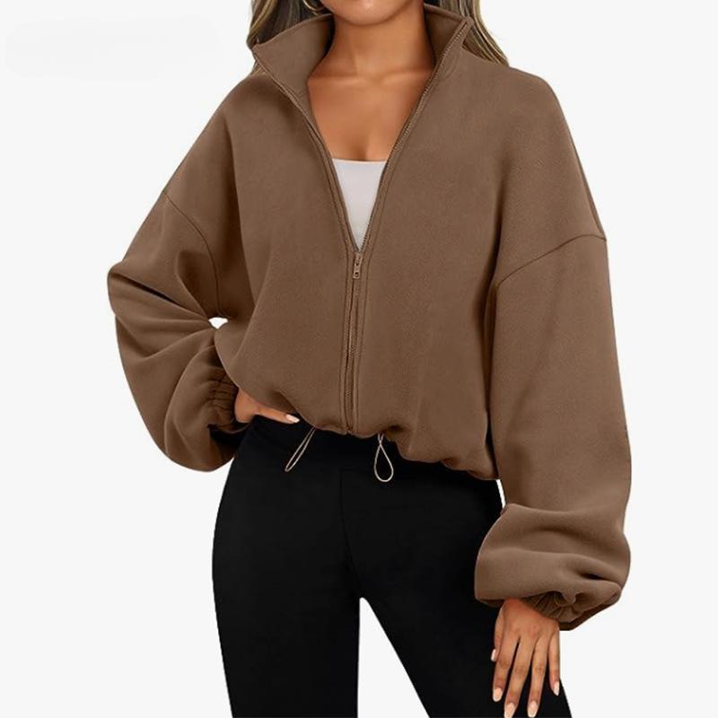 Women's Plus Size Loose Fit Cardigan with Standing Collar and Zipper Closure
