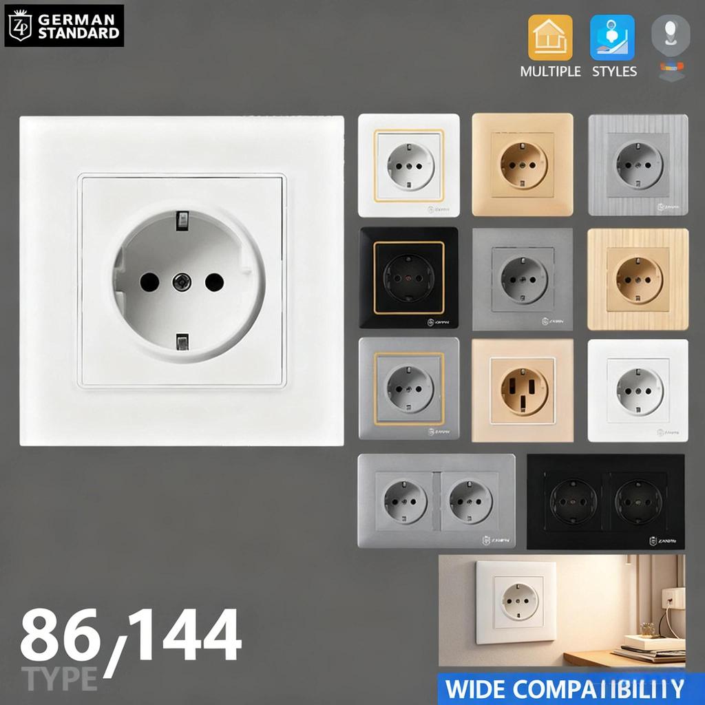 Type 86 European Standard Wall Power Socket Panel European Style, EU Standard, German Style 16A German Standard Round Hole Panel Socket