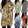 Women V Neck Vintage Floral Print Short Sleeve Pocket Pullover Dress Casual Loose Fit Tunic Dress