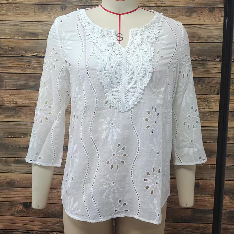Herbst Neu Lockerer V-Ausschnitt Bluse Elegant Pendeln Bestickte Spitze Langarm Weißes Oberteil Lässig Aushöhlen Damenhemd