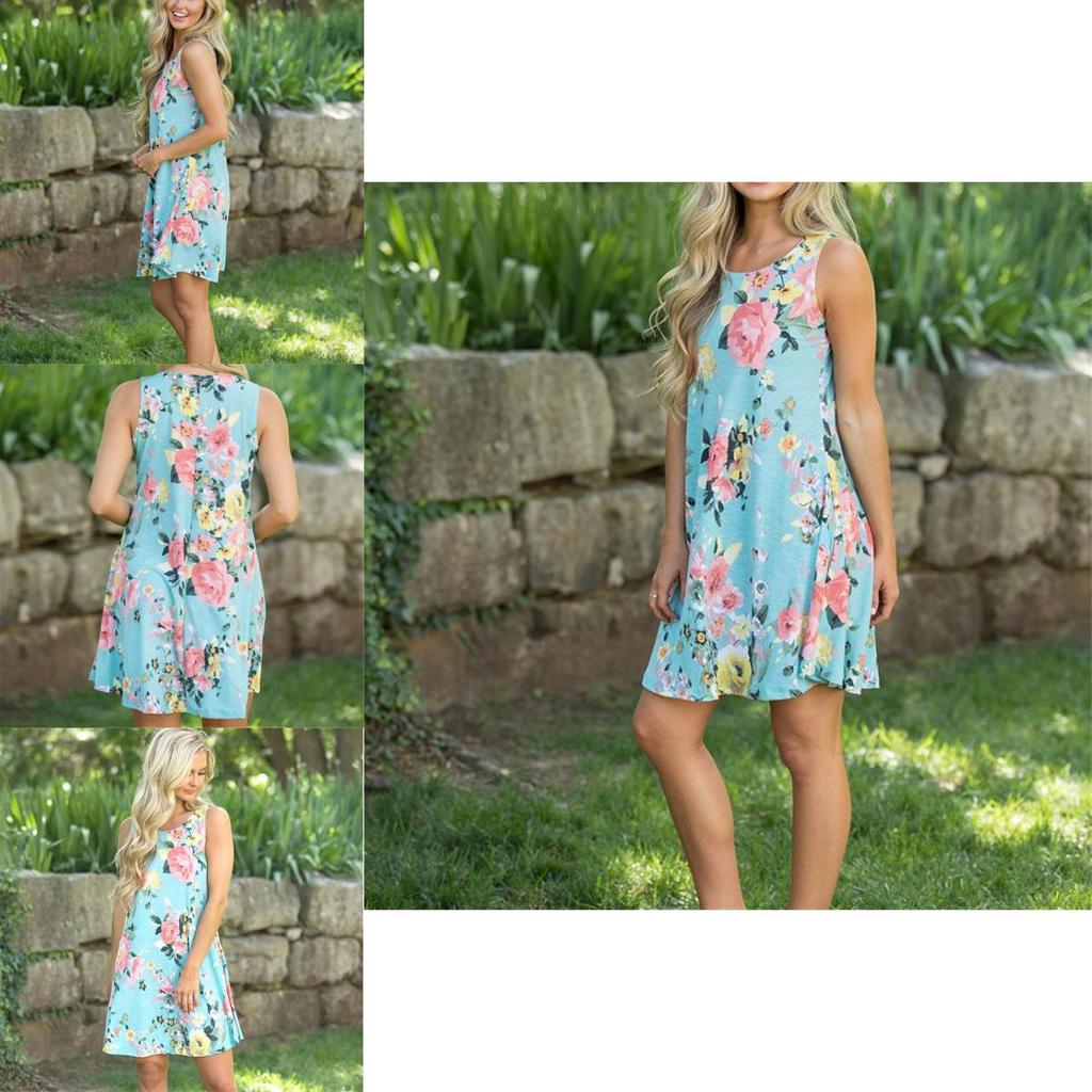 Sexy Summer Dress Loose Womans Fashion Casual Floral Print Sleeveless Dress In Bright Blue