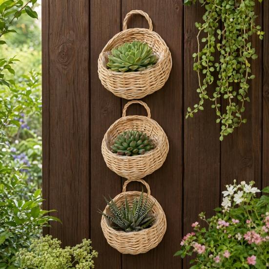 Hand-woven Wicker Basket, Hanging Flower Basket with Handle, Rustic Plant Basket Planter for Indoor Outdoor Wall Decoration