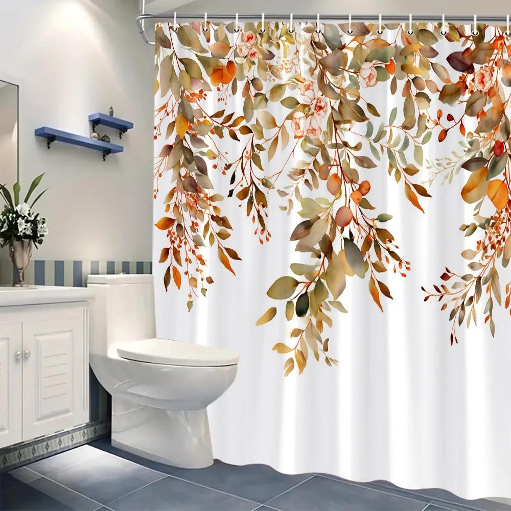 Watercolour Botanical Leaf Shower Curtain Thanksgiving Gift Polyester Green Leaf Print Shower Curtains Bathroom Decor with Hooks
