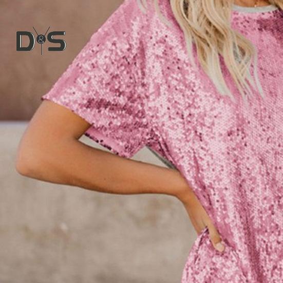 Women's Summer Sequin Midi Dress Casual Crew Neck Short Sleeve T-shirt Dress Sparkly Cocktail Party Dress