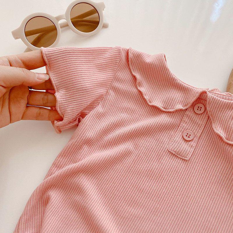 Summer Girls' Ice Silk Peter Pan Collar Short Sleeve T-Shirt – Solid Color, Thin Style, Versatile Children's Top.