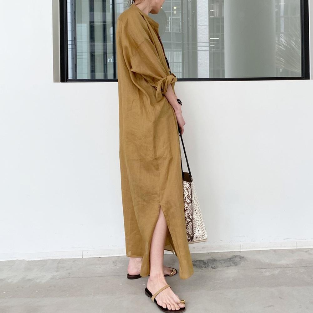Women Korean Style Long Sleeve Solid Shirt Dress Loose Maxi Dresses Vintage Cotton Linen Robe Femme