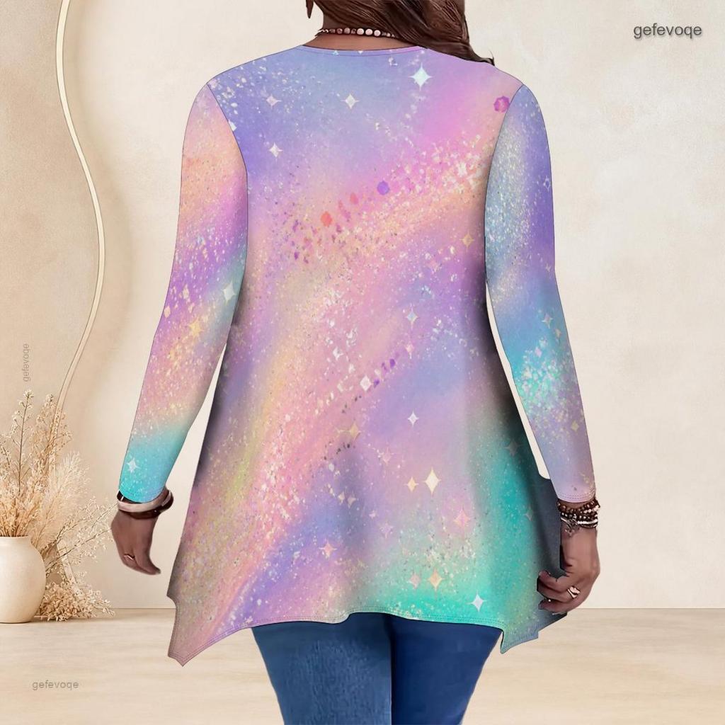 Women Plus Size V Neck Long Sleeve Colorful Galaxy Printed Asymmetric Hem Tunic Top