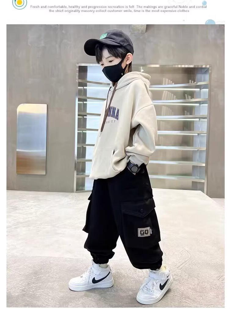 Boys' Winter 2025 Overalls: Medium & Large Kids' Velvet-Lined Streetwear Pants for Spring & Autumn
