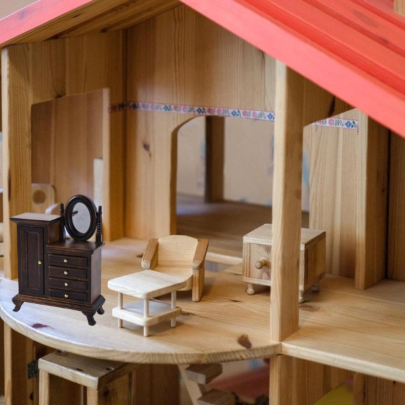 Antique Miniature Wooden Bedroom Set 1:16 Scale Vanity Dresser & Storage Drawers Suitable For Doll House Interior Design