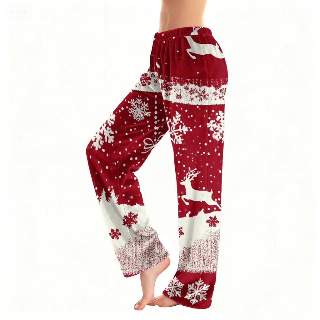 Women's Christmas Plush Pants with Snowflake and Christmas Tree Print, Cozy Sleep Pants for Home