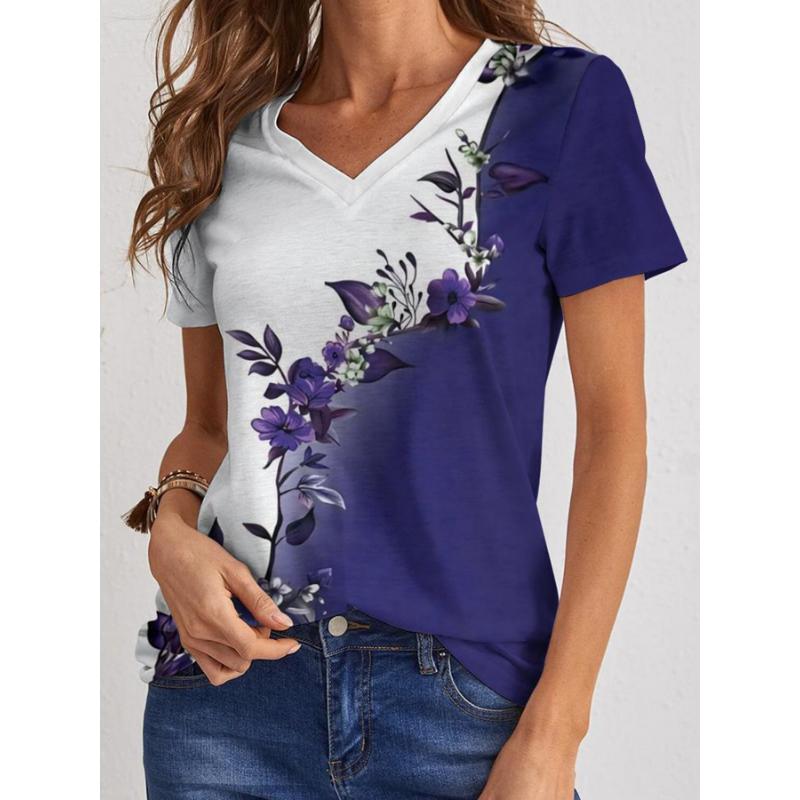 

Новая женская футболка с цветочным принтом, V-образным вырезом, винтажная, с коротким рукавом, пуловер, футболка с круглым вырезом, топы, уличная одежда для летней одежды для женщин XS
