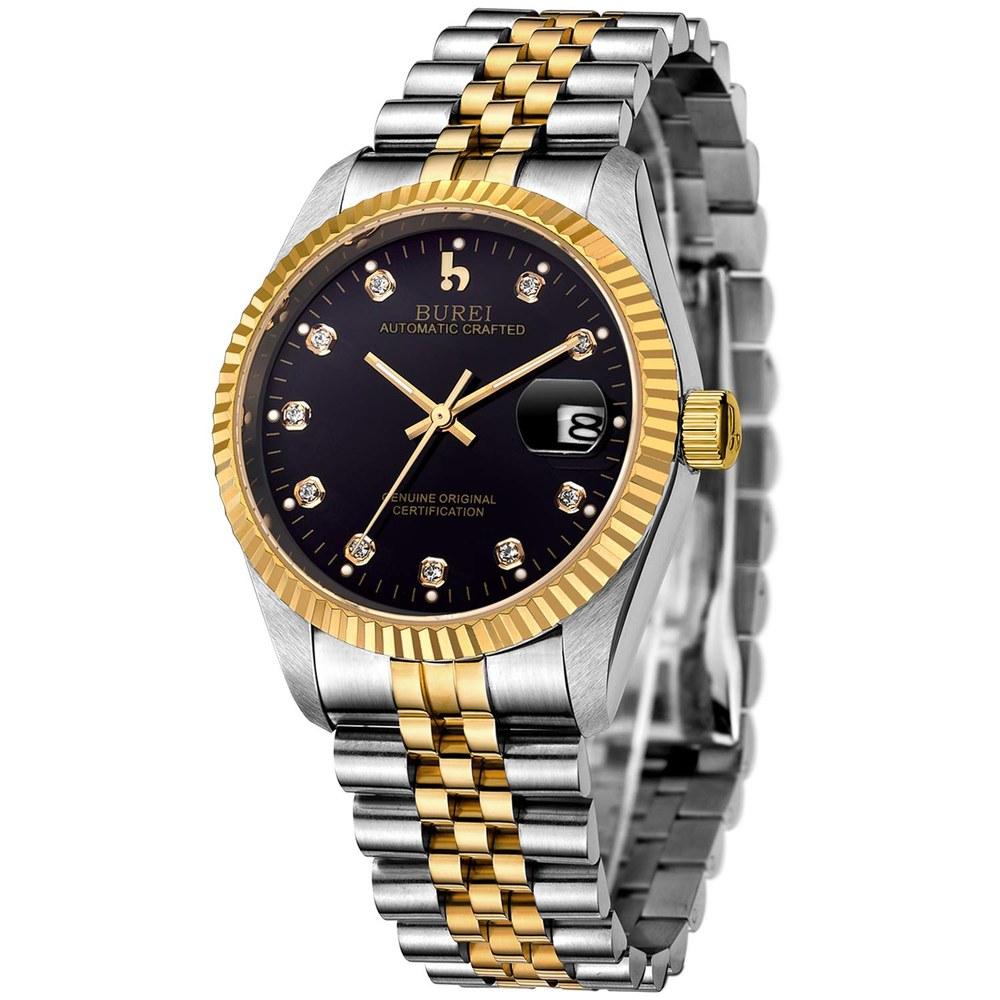 BUREI Men's Automatic Waterproof Analog Mechanical Watch Business Style Date Night Glow Gold Silver Black