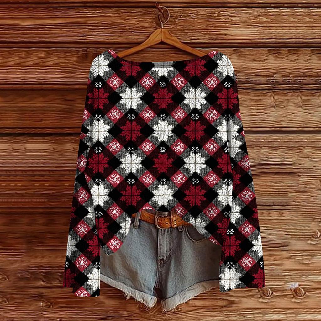 Women's Fashion Christmas Print Lightweight Sweater Casual Long-Sleeve Knit Pullover Top