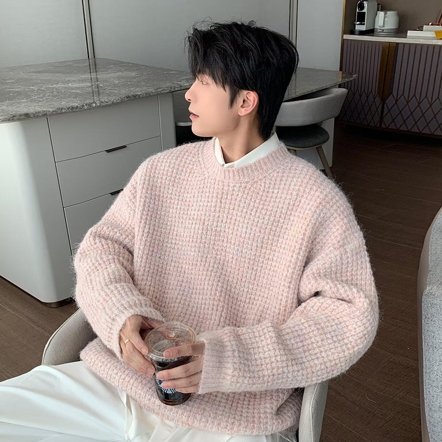 

Men s Retro Salt-Style Ribbed Knit Sweater, Casual Loose Fit for Autumn/Winter Double Extra Large рожевий