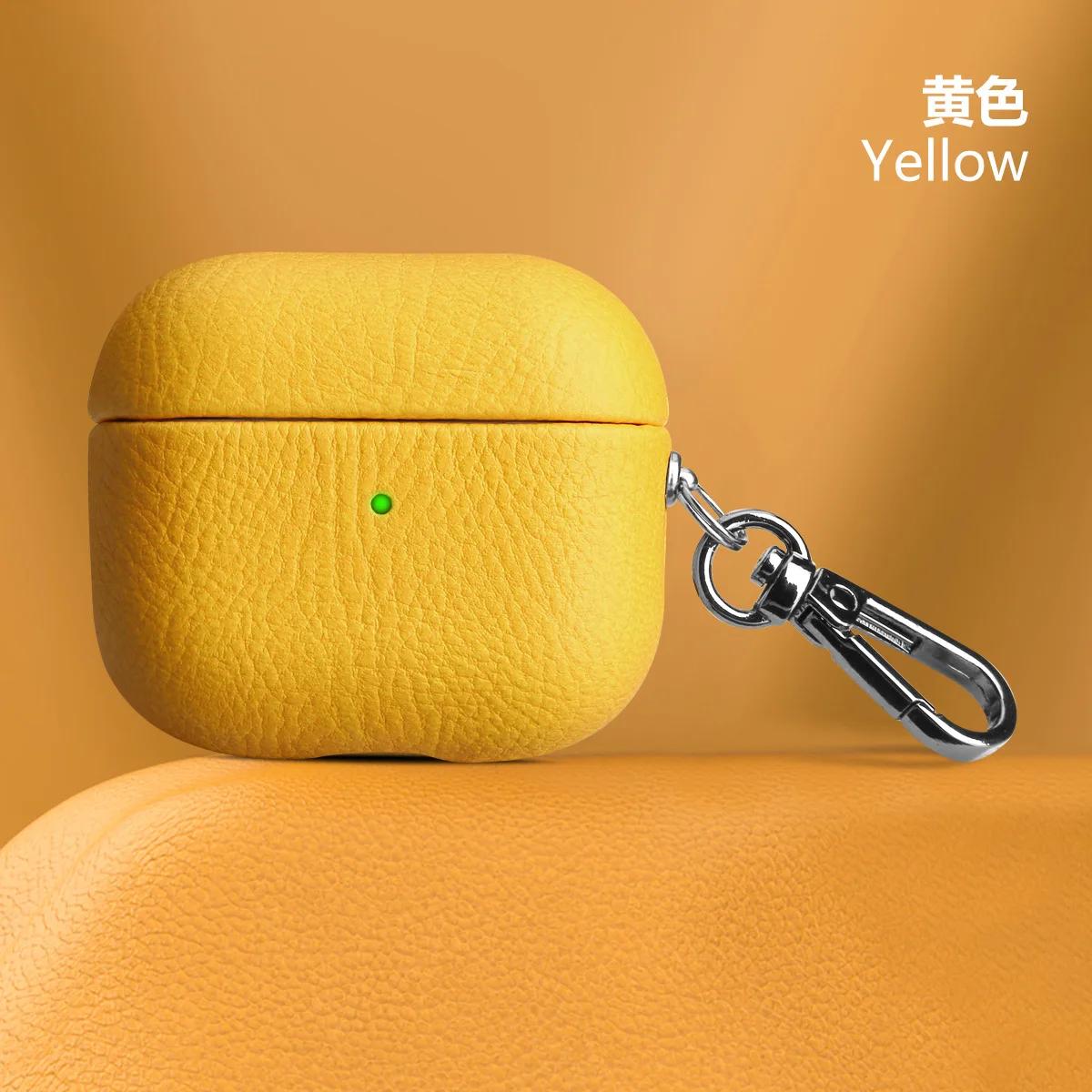 Pour Air Pods 4 3 2 1 Étui Pour AirPods Pro 2 Housse Cuir PU Accessoires de Chargement pour Écouteurs Motif Litchi Cuir de Vache avec Boucle AirPods 3 jaune