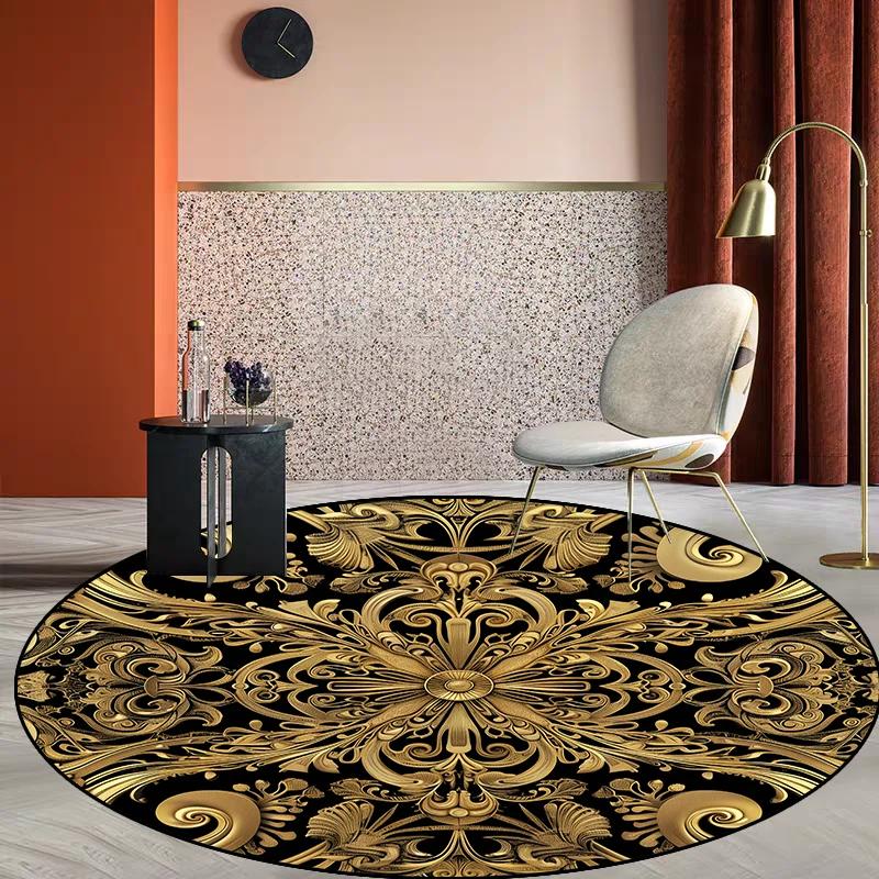 Modern Style Living Room Round Carpet Large Area Soft Non-slip Lounge Table Chair Mat Golden Luxury Rugs for Bedroom Bedside