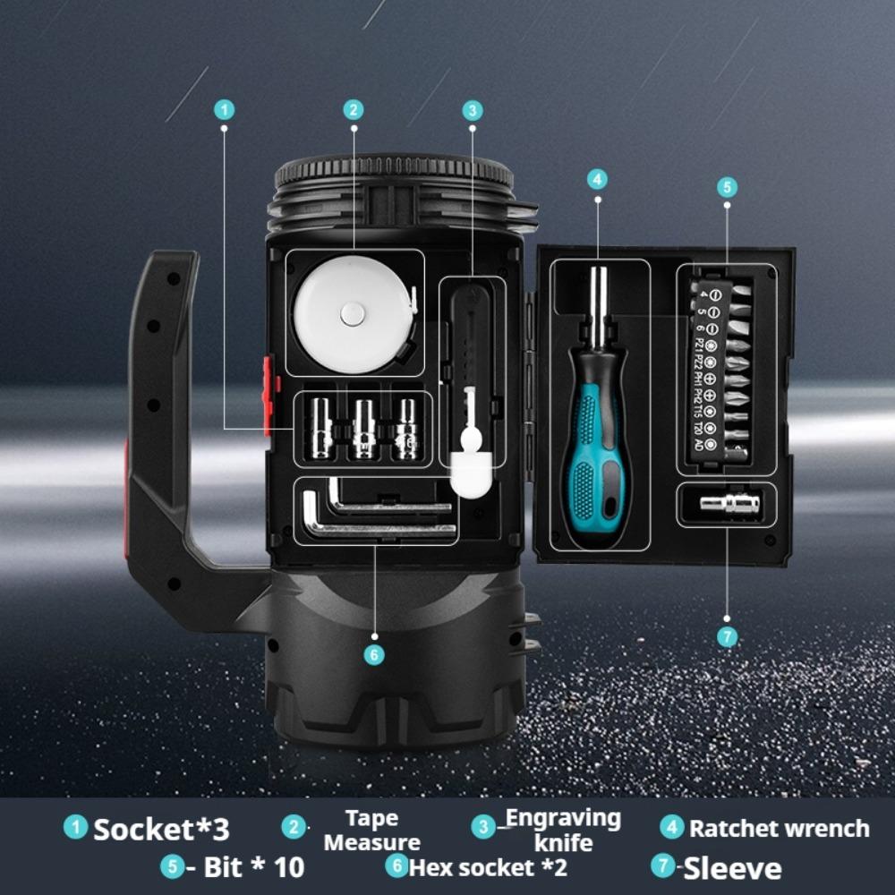 Multi Functional Flashlight Rechargeable Outdoor Searchlight USB Charging with Tools,Hexagonal Socket/tape Measure/art Knife/screwdriver/screwdriver