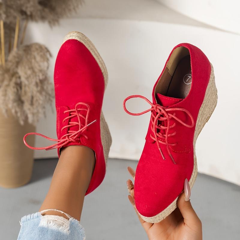 Women's Solid Color Stylish Shoes, Lace Up Low-top Platform Wedge Shoes, Espadrilles Round Toe Versatile Shoes