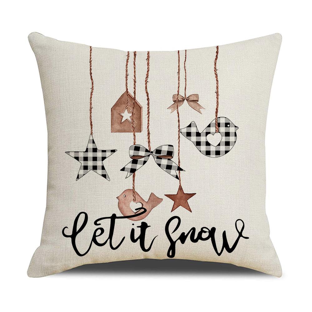Red and Black Plaid Christmas Pillow Holiday Pillow Cover Linen Cartoon Print Holiday Cushion Cover