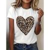 European Size Women Leopard Heart Pattern T-Shirt- Casual Round Neck Short Sleeve Top, Vintage Animal Print Design, for Summer and Spring