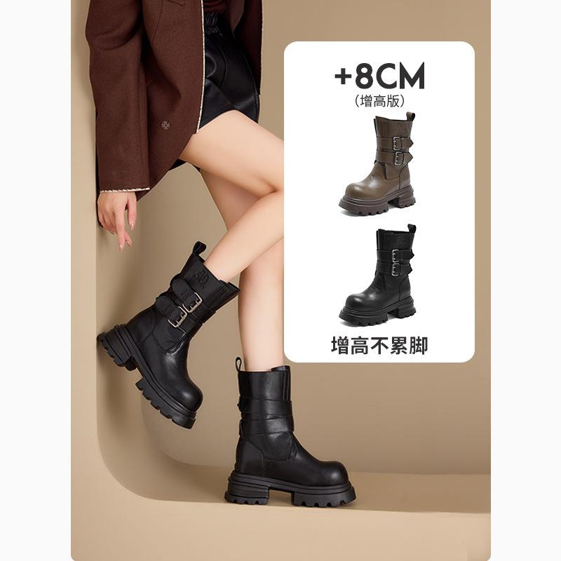 Cowhide platform Martin boots women's autumn new thick heel short boots belt buckle medium tube knight boots