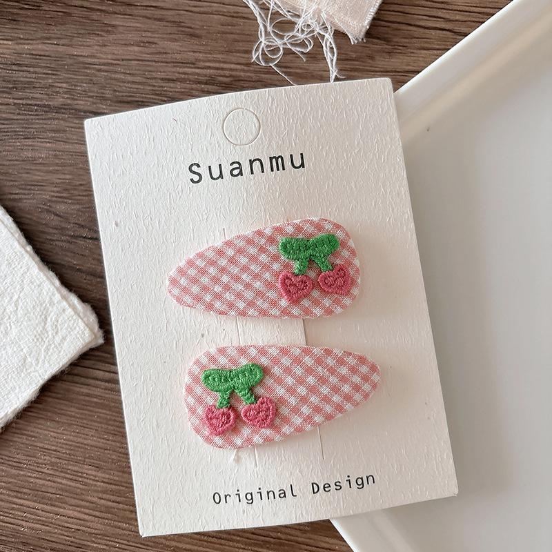 Korean Sweet Versatile Fabric Plaid Children's Bangs Bb Clip Girls Embroidery Cute Cherry Headwear Girls Kids Hair Accessories