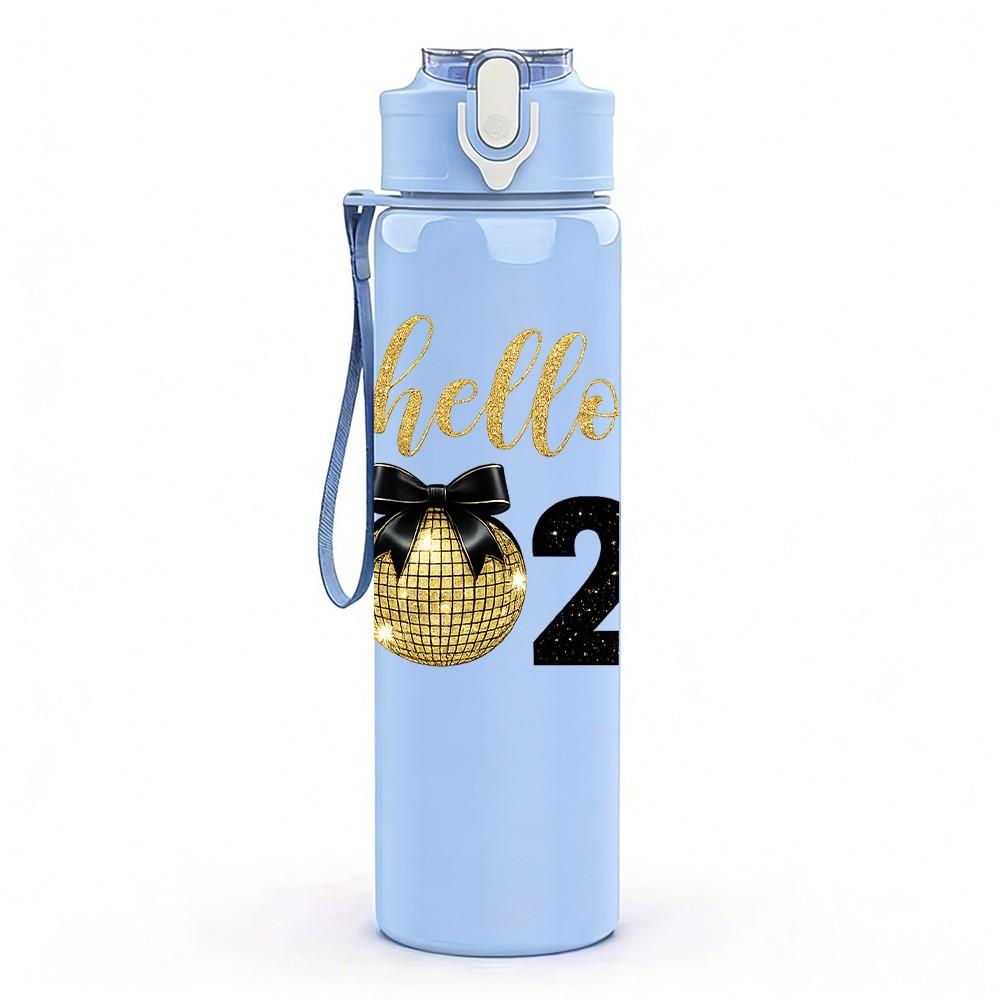 1PC Hello 2026 Golden Text Art Print 750ml Color Plastic Sports Water Bottle Leakproof Flip Straw Lid Suitable for Sports Office Home Use