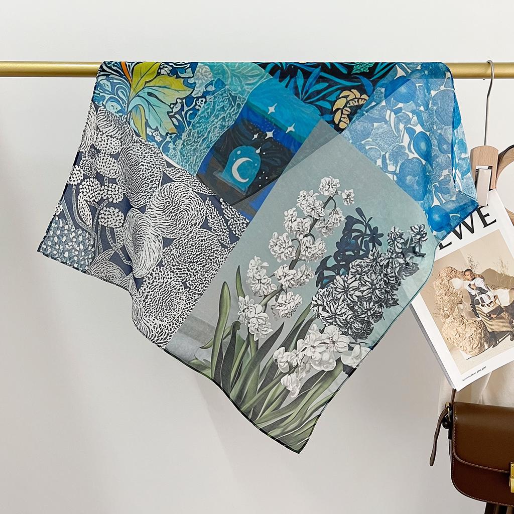 Spring And Summer Light And Breathable 65 * 65Cm Square Scarf Versatile Printed Mulberry Silk Cotton Blended Women'S Silk Scarf