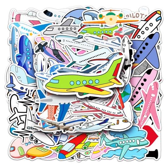 50Pcs Cartoon Sticker Waterproof Reusable DIY Self-Adhesive Aircraft Pattern Phone Case Luggage Sticker Kids Gift