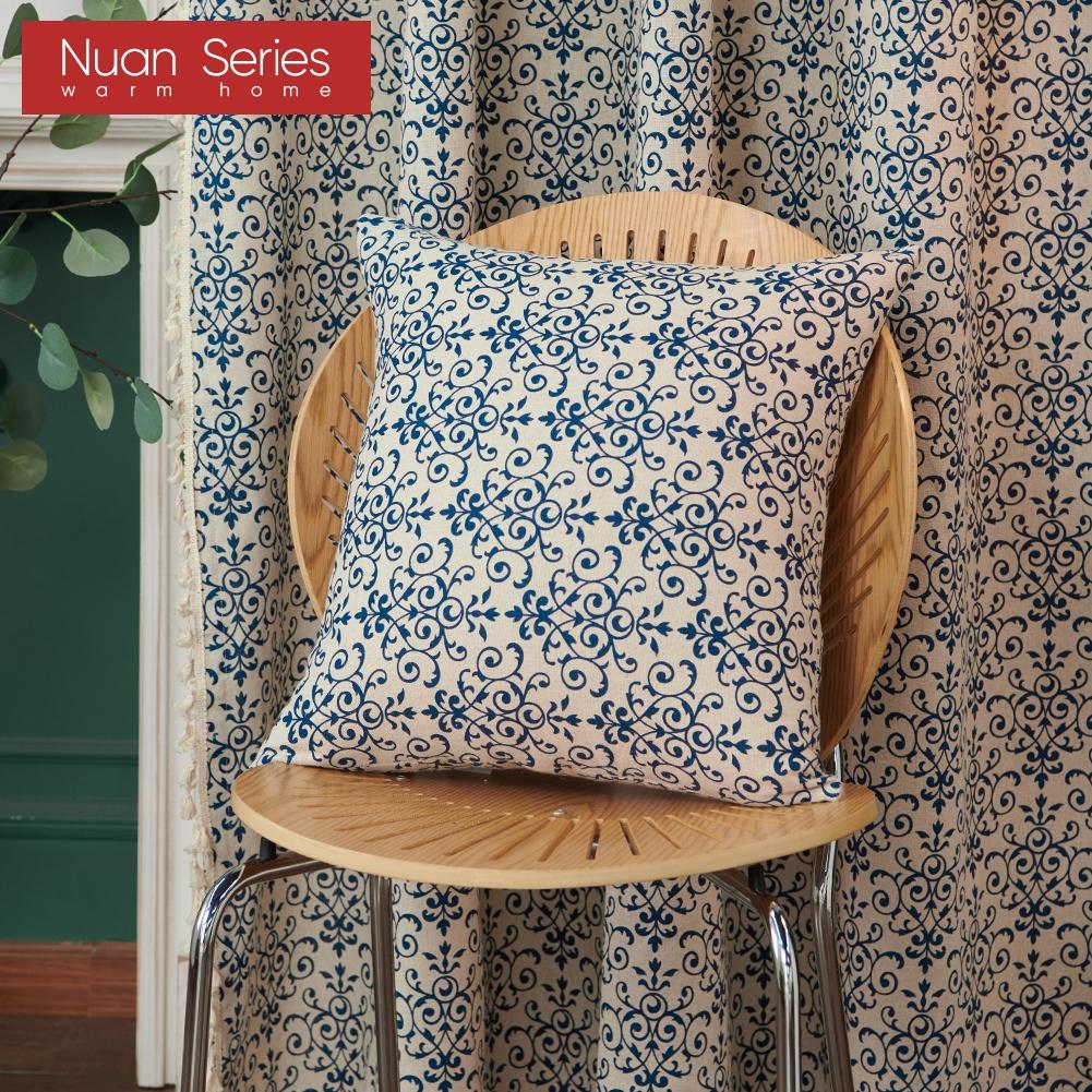 1PC Nuan Series Retro Chinese Classical Blue and White Porcelain Printed Cotton and Linen Pillowcase for Sofa Living Room Bedroom Home Decor