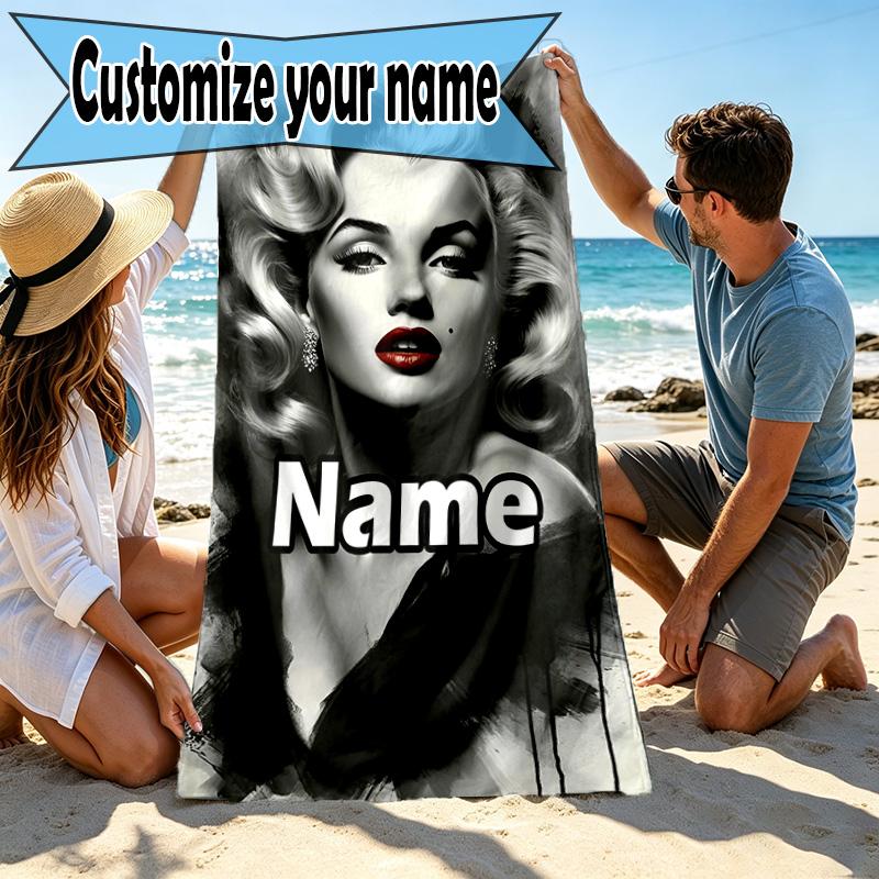 Custom Name Personalized Marilyn Monroe Print Beach Towel, for Trip Camping Beach Party Home Decor, Birthday Gift for Family & Friends