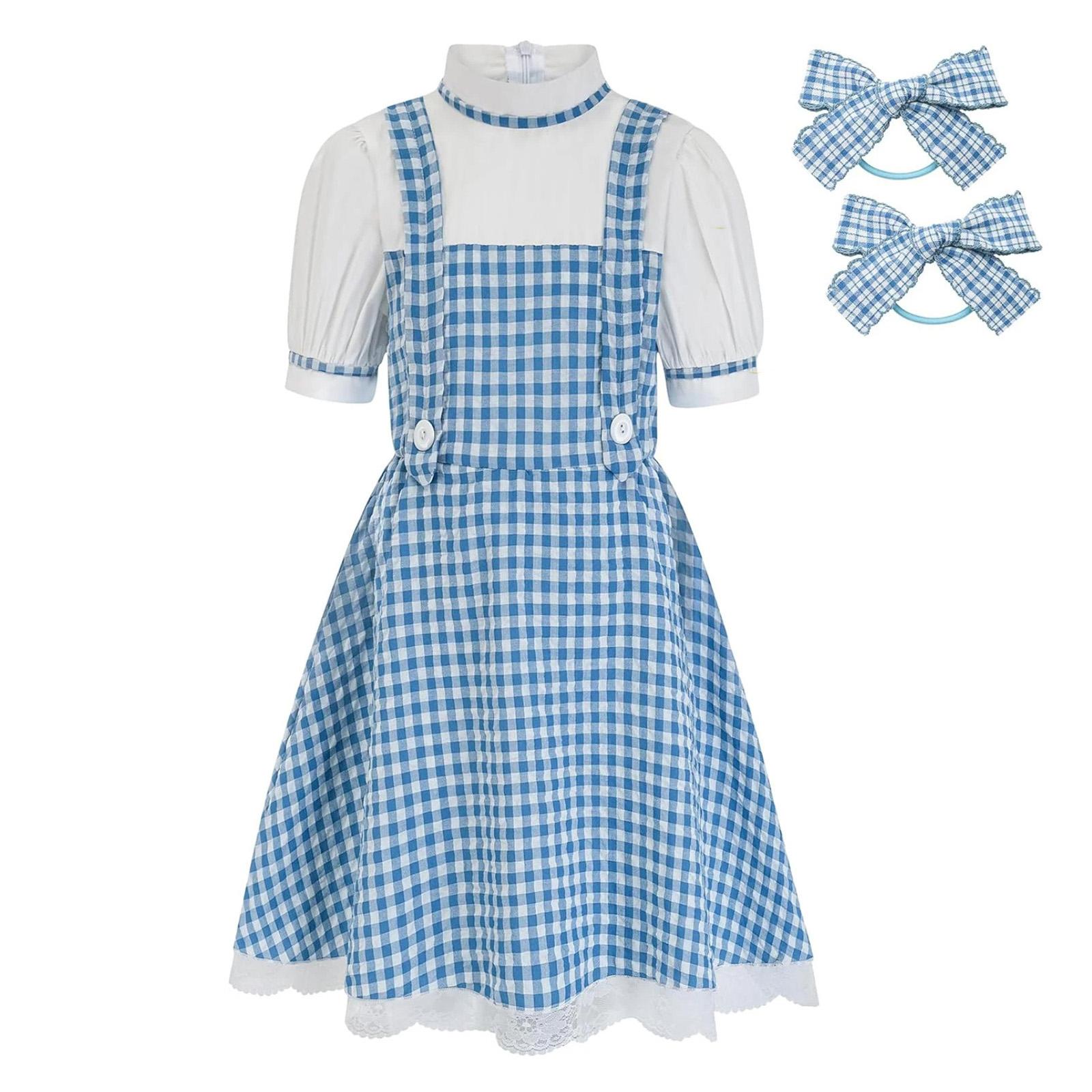 

Girls Plaid Suspender Dress Princess Dress With Bow Headband 160 светло-синий