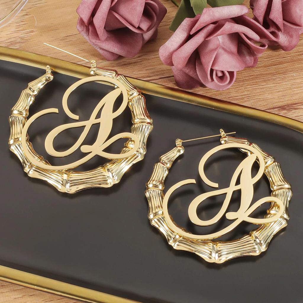 Customized Stainless Steel Cursive Name Bamboo Joint Hoop Earrings