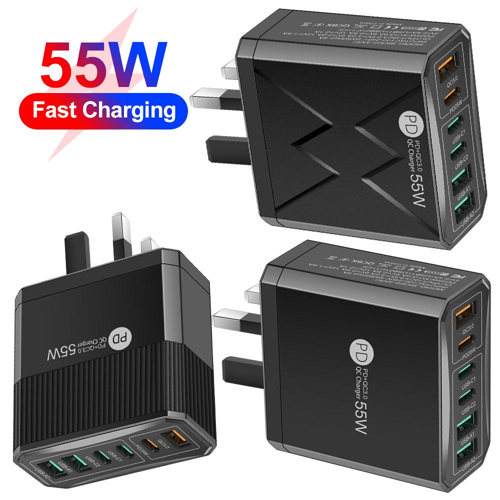 55W QC 3.0 Six-Port Fast Mobile Charger with PD, USB Ports, EU/US/UK Compatibility
