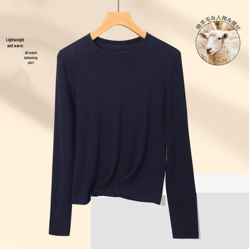Women's Slimming Semi-High Neck Wool Base Layer T-Shirt - Long Sleeve, Spliced, Versatile Design for Autumn/Winter.