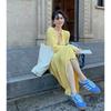 2025 Trendy Yellow and White Long-Sleeve Slim-Fit Dress for Spring and Autumn