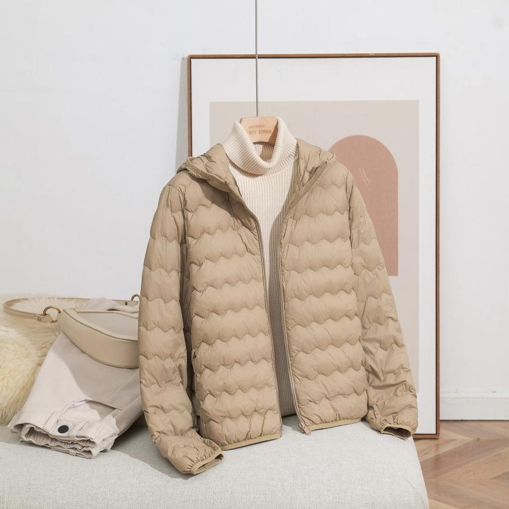 Autumn/Winter 2025 Women's Hooded Wave Pattern Short Down Jacket - 90% White Duck Down, Lightweight, Zipper Outerwear.